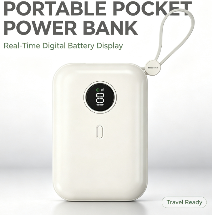 Compact Portable Power Bank with Digital Display & Lanyard
