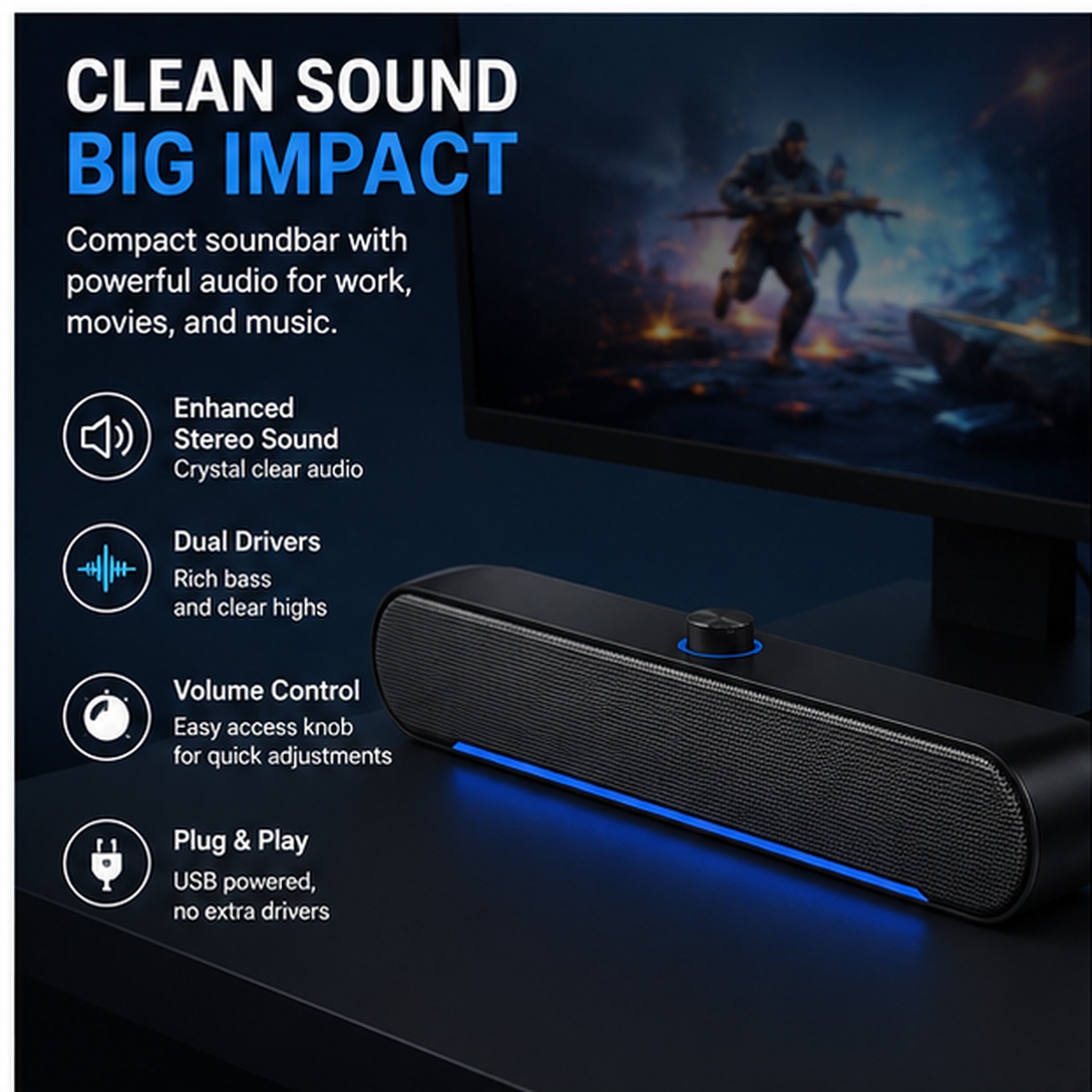 Slim Computer Soundbar with RGB Accent