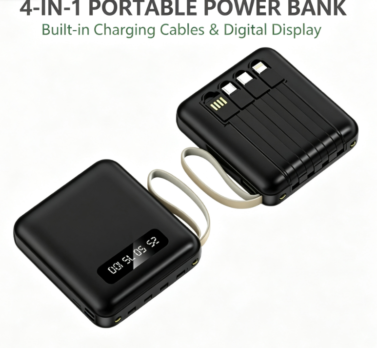 Mini Portable Power Bank With 4 Built‑in Charging Cables & Digital Display