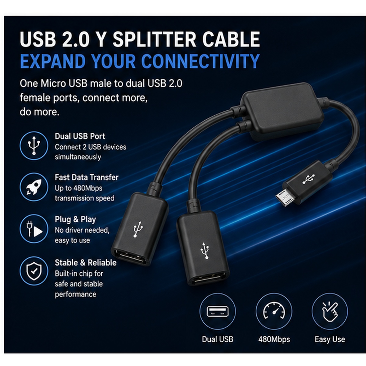 Micro USB to Dual USB Female OTG Splitter